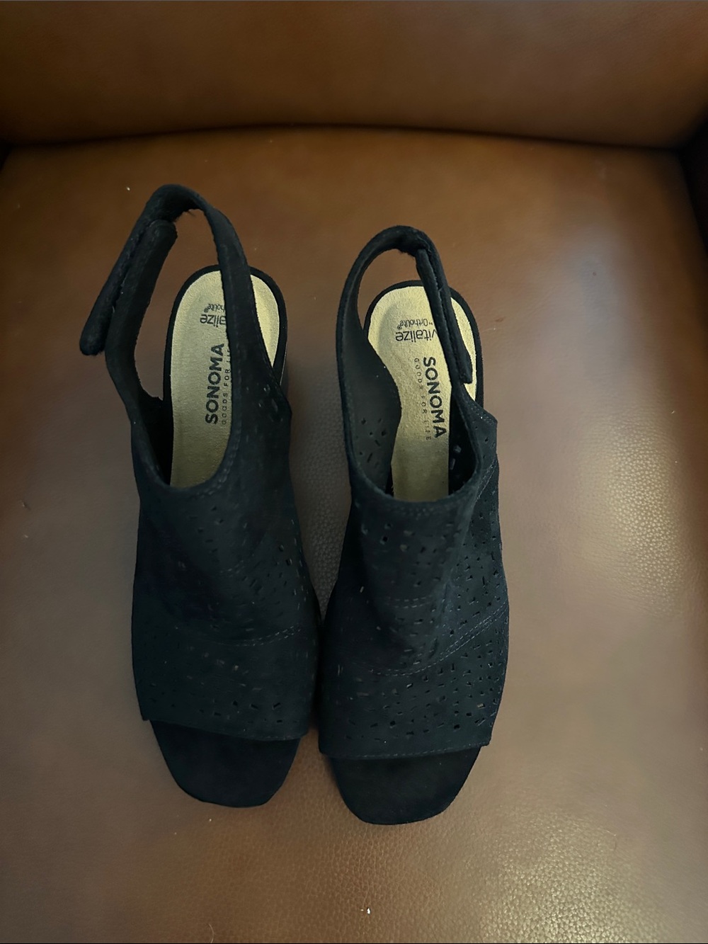 SONOMA Black Perforated Slingback Peep-Toe Heels - Suede Look